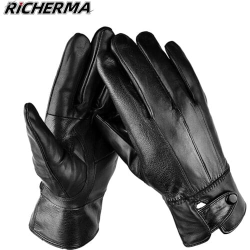Leather Motorcycle Gloves Waterproof Sheepskin Woman Motorbike Gloves Fleece Warm Driving Gloves For Men Women Mittens