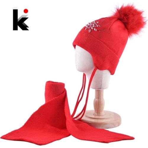 Winter Girls Hat And Scarf Warm Solid Color Knitted Caps With Pearls Faux Fur Pompom Kids Thick Knitting Ear Flap Hats Children