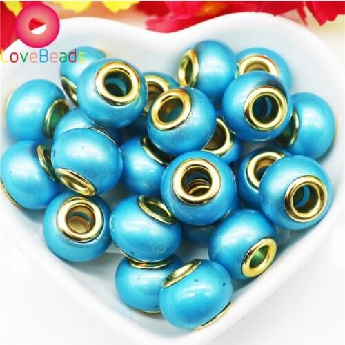 10Pcs Gold Color Pearl Beads Large Hole European Beads Chain Spacer Charms Fit Women Pandora Bracelet DIY Pendant Jewelry Gift