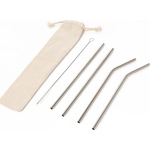 Free Combination!! Customized Bag Packing 4+1 Reusable Stainless Steel Drinking Straws Set Metal Straws Set with Cleaning Brush