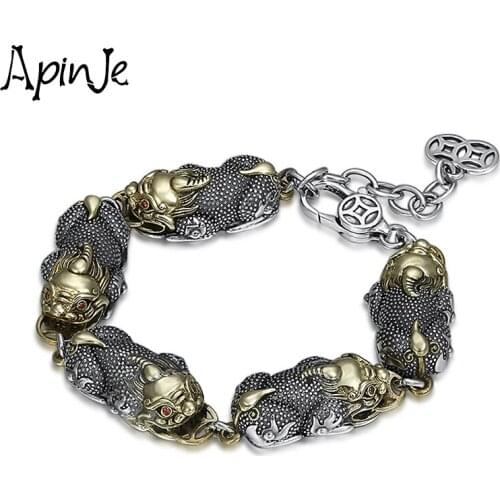 Apinje 925 Sterling Silver Bracelet Men And Women Brass Punk Gothic Romantic Couples Black Pixiu Adjustable Bracelets