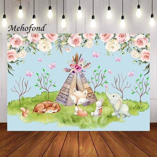 Mehofond Woodland Animals Photography Background Pink Watercolor Floral Wild Woodland Birthday Party Decor Backdrop Photo Studio