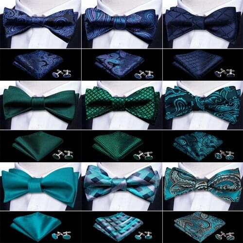 Men Self Bow Tie Silk Butterfly Mens Tie Dark Green Blue Lattice Hanky Cufflinks Suit Collar Removable Necktie Barry.Wang