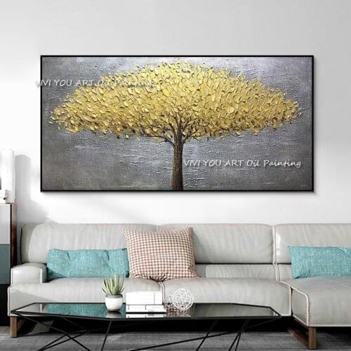Large Size 100% Handmade Yellow Gold Tree Oil Painting Unique Modern Abstract Painting For Living Room Decoration As A Gift
