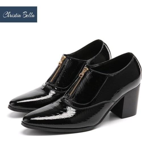 Christia Bella British Men Party Dress Shoes High Heels Male Genuine Leather Shoes Formal Brogue Shoes Dancer Short Boots Black