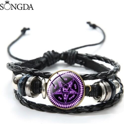 SONGDA-Wrap Leather Bracelets Gypsy Pentagram Witch Bracelet Adjustable Handmade Glass Dome Multiple Layer Men Retro Bracelet