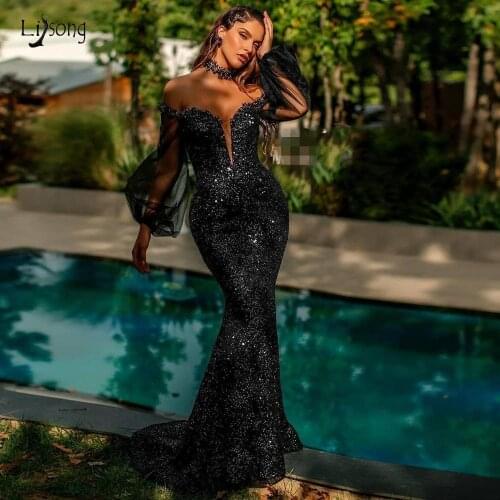 Fashion Black Sequined Mermaid Prom Dresses With Puff Tutu Full Sleeves Prom Gowns Sexy Formal Dress Robe De Soiree