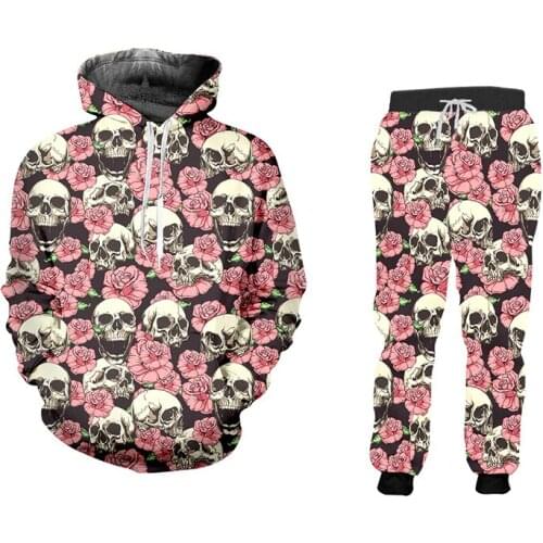 Mens Set Casual 2 Piece Sets Skull 3D Print Harajuku Hoodies And Jogging Pants Pink Flowers Oversize Women Tracksuit Wholesale