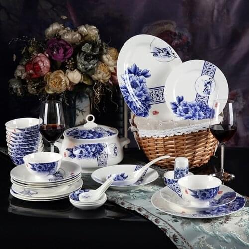 Christmas Bowls Set Jingdezhen blue and white tableware 56 pieces of bone china bowl household dishes wedding tablewar