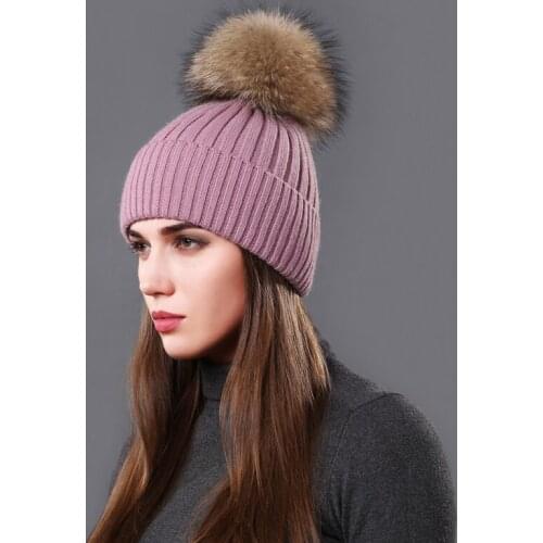 CNTANG Autumn Winter Hat Fashion Women Beanies Raccoon Fur Pompom Hats Casual Warm Knitted Wool Cap For Female Girls