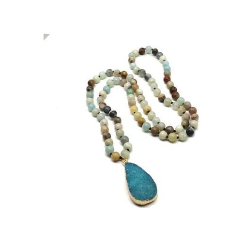 Boho Amazonite Necklace Natural Stones Teardrop Quartz Pendant Necklace Women Lariat Beads Knotted Bohemia Necklace Dropship