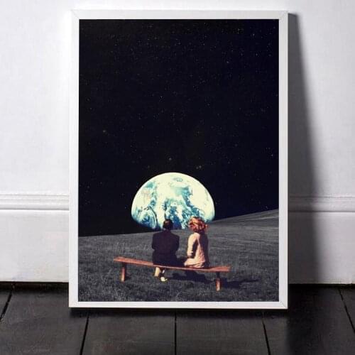 Prints Earth Night Sky Art Canvas Posters Surrealism Galaxy Space Moon Canvas Painting Swing Cosmic Wall Pictures Sci-Fi Decor