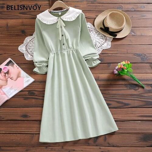 Mori Girl Autumn Winter Women Midi Dress Preppy Style Peter Pan Collar Corduroy Dress Elegant Sweet Solid Vestido Mujer