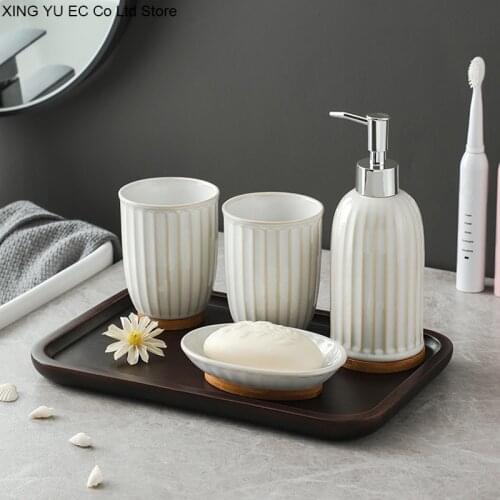 Japanese Style Simple Ceramic Bathroom Decorative White Tray Soap Box Mouthwash Cup Lotion Bottle Bathroom Supplies Five Sets
