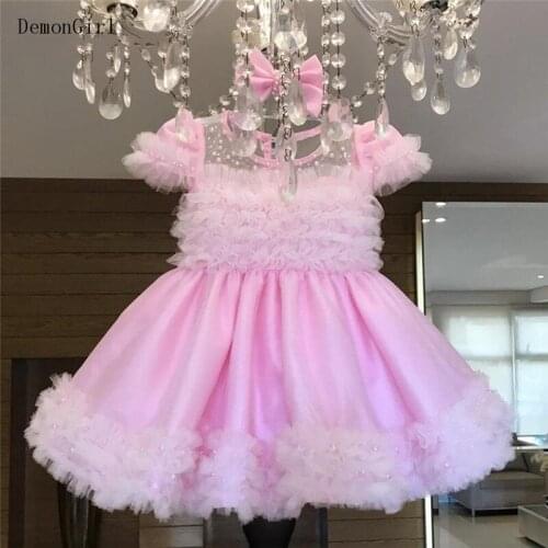 Pink Puffy Baby Girls Dress Pearls Ruffles Cute Children Birthday Party Dress New Year Kids Clothes Photoshoot