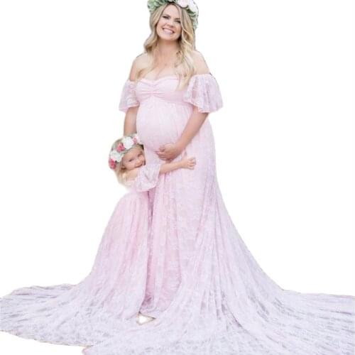 Pink Lace Maternity Dresses Off Shoulder Short Sleeve Maternity Gown for Photoshoot Boudoir Lingerie Bathrobe Nightwear Babydoll