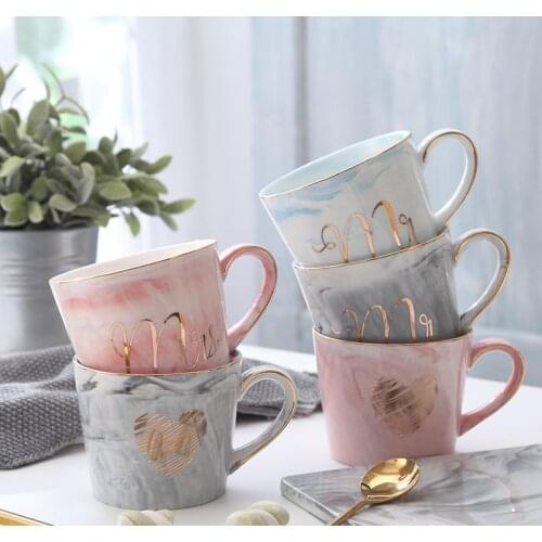 Handpainted Gold Monogram Natural Marble Porcelain Coffee Mug Mr and Mrs Tea Milk Cups and Mugs Creative Wedding Gift
