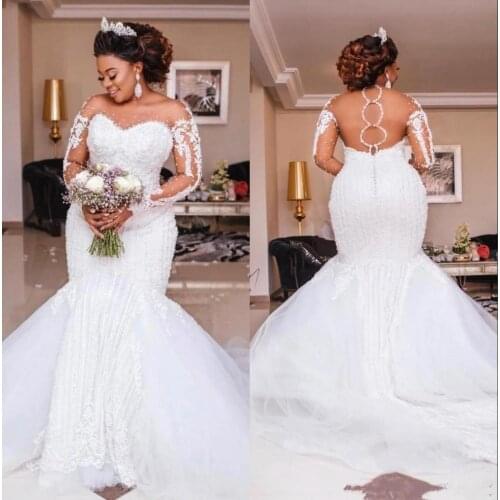 Beading Mermaid Wedding Dresses Long Sleeve Appliques Pearls African Wedding Bridal Gowns Plus Size Bridal Vestido de noiva