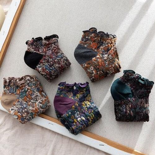 Spring and summer new retro floral socks with fungus, forest wind low-cut cotton socks