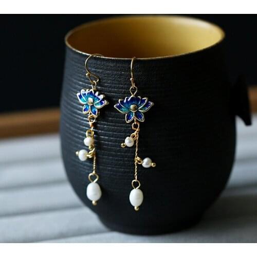 Vintage Handmade Cloisonne Lotus Tassel Dangle Earrings Women Accessories Pearl Long Paragraph Earrings 14K Gold Filled Buddha