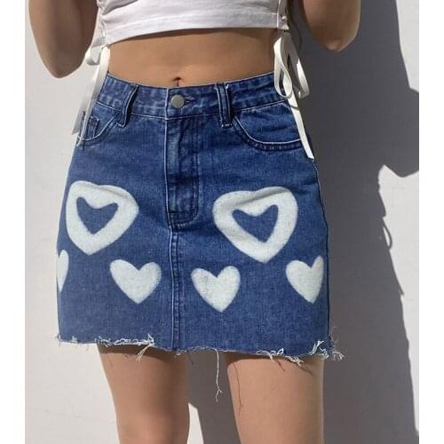 Women New A-Line Heart Print Summer Casual Sexy Y2K Skirts Female High Waist Demin All-match Mini Short Skirts Vintage Fashion