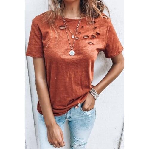 Chic Holes Crew Neck Cotton Mixed T-shirt Tops for Women Short Sleeve O-neck Solid Summer Casual Hollow Out