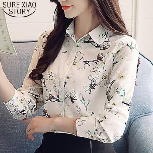 2021 Office Ladies Tops Floral Print Chiffon Blouse Women Shirts Long Sleeve Casual Women Tops Turn Down Collar Regular 5368 50