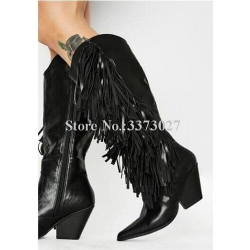 Woman New Tassel Chunky Heel Knee Boots Sexy Leather Red Black White Fringe Long Boots Lady Fashion Party Boots Dropship