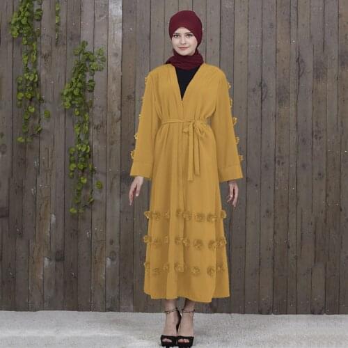 Muslim Dress Women Floral Appliques Front Open Robe Long Sleeve Dress Belted Cardigan Eid Ramadan Kaftan Islamic Muslim Abaya