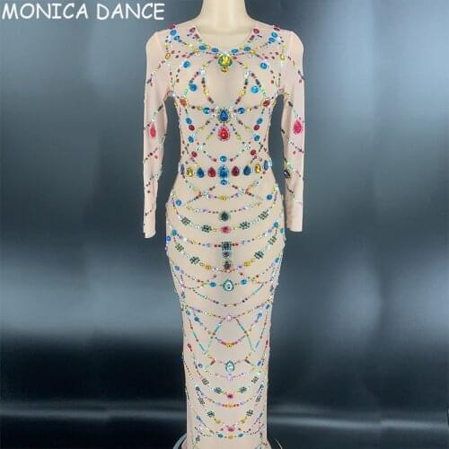 Women Sexy Stage Transparent Multi-color Big Rhinestones Dress Bar Prom Women Dance Celebrate Dress Birthday Outfit Long Dress