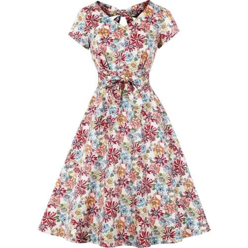 2021 Floral Print Summer Women Vintage Dresses 50s 60s Floral Sleeveless Party Vestidos Elegant Office Large Swing Sundress Belt
