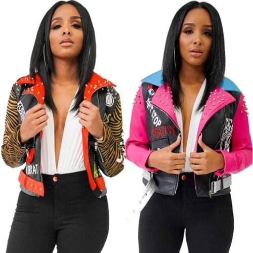 2020 winter and fall Leather Rivet Jacket Print PU Leather Jacket Motorcycle Women