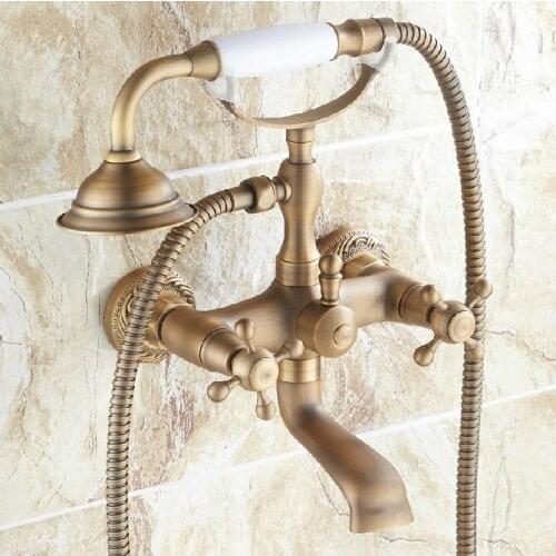 Antique Bronze Dual Cross Handle Rain Bathroom Shower Tub Faucet Set + Telephone Style Hand Shower atf122