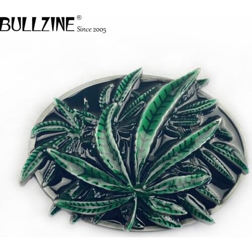 Bullzine Leaf belt buckle with pewter finish and green enamel FP-02174-1 suitable for 4cm width snap on belt