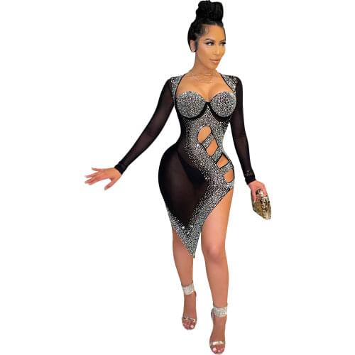 Cutubly Diamonds Slim Club Dresses Women Long Sleeve Midi Dresses Party Night Sexy Hollow Out Slit Mesh See Through Slim Dress