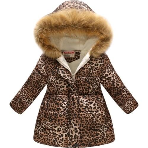 Winter Girls Long Coats Thick Fleece Children Down Jacket Hooded Outfits Floral Baby Girl Outwear Clothes Kids Overcoat Leopard