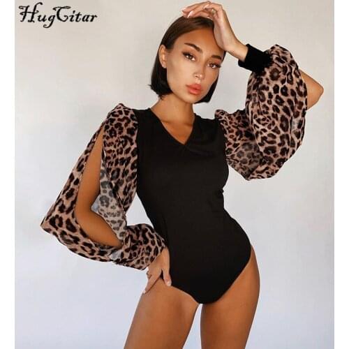 Hugcitar 2021 Leopard Slit Long Puff Sleeves V-Neck Sexy Bodycon Bodysuit Summer Women Fashion Streetwear Outfits Stretchy Rompe