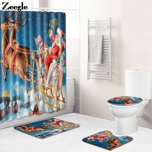 Christmas Style Bath Mat and Microfiber Shower Curtain Bathroom Carpet Set Anti Slip Mats for Bathroom Water Absorbent Rug Set