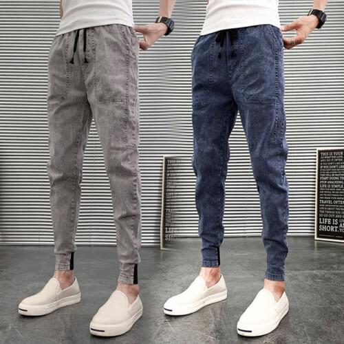 2021 Mens Summer Thin Slim-fit Denim Cropped Pants Pure Color Casual Bundled Stretch Harem Pants