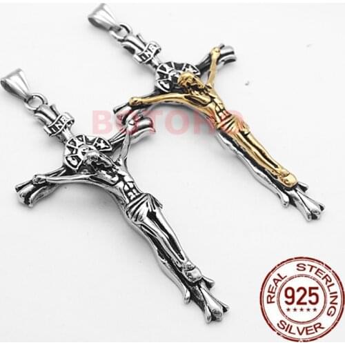 100% Pure 925 Sterling Silver Crucifix Jesus Piece Pendant Male Gold Silver Color Classic Religious Jewelry Gifts Free Shipping