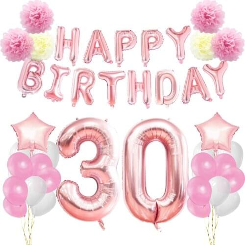 30th 40th 50th 60th Birthday Party Decoration Set Banner Letter Balloons& Foil Numer Balloons Paper Flowers for Girls Party