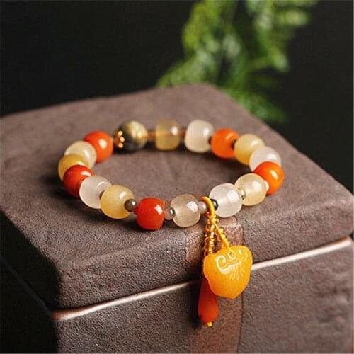 Natural Stone Golden Silk Jade Beads Bracelet For Women Vintage Red Lock Pendant Bracelet Fitting Handmade Love Jewelry