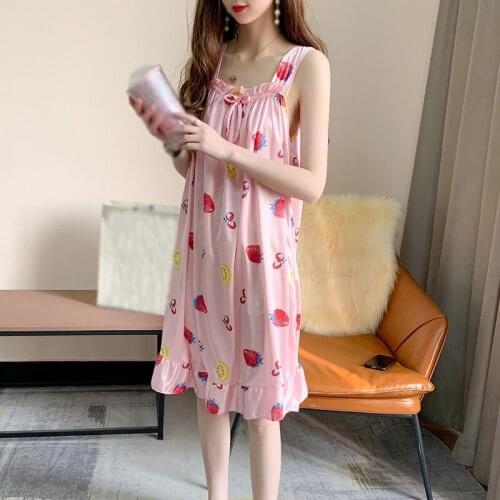 Sexy Sweet Girls Sling Nightdress Summer Cute Cartoon Fruit Prints Home Wear 2020 New Ruffles Hem Nightgowns With Bow