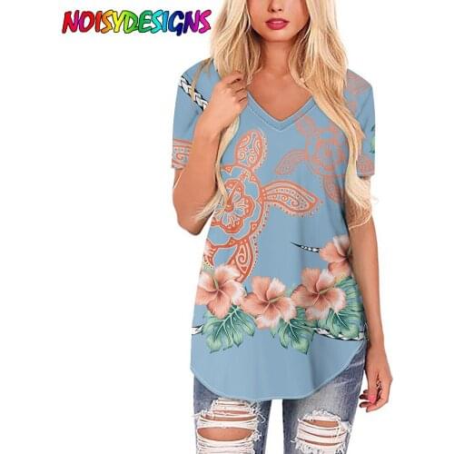 NOISYDESIGNS Polynesian Hibiscus Turtle Print Blue Tshirt Short Sleeved Polyester T Shirt for Women T-shirt Womens Fashion Top
