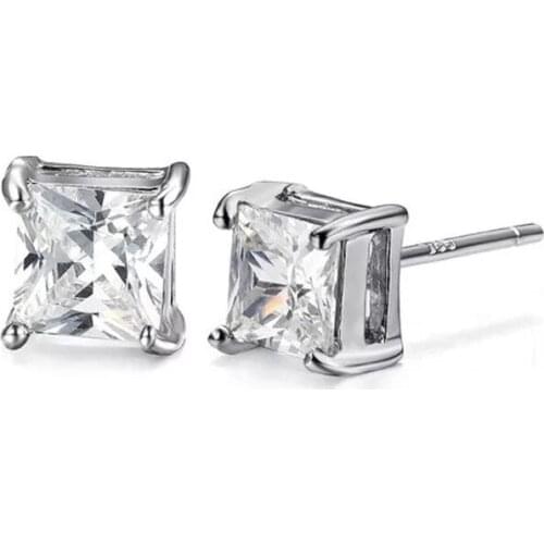 Wholesale Jewelry -- (6pairs/lot) Single White CZ Square Stud Earrings for Women Simple Fashion Gold Color AAA+ Cubic Zircon