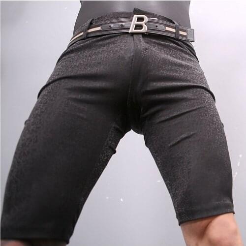 Plus Size British Style Knee Length Hot Pants Casual Breeches Men U Convex Pouch Sexy Faux Leather 3D Small Plaid Boxers Shorts