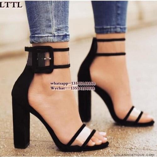 Ankle Strap Buckle Denim Sandals Women New Transparent PVC Heels Women Shoes Open Toe Buckle Thick High Heels Sandals