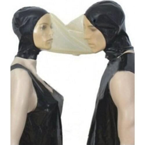Sexy lovers lingerie unisex latext spliced transparent handmade latex double hoods couple mask cekc uniform fetish costumes