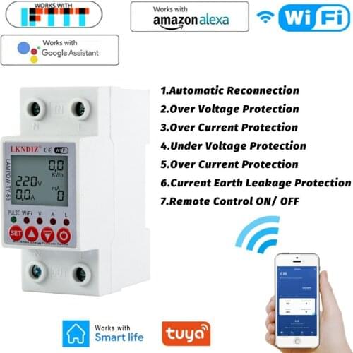 TUYA APP WiFi kWh Energy Power Meter Smart Circuit Earth Leakage Over Under Voltage Protector Relay Device Switch Breaker 2P 63A