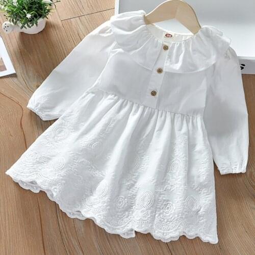 Spring Autumn Dresses New Fashion Doll Collar Long sleeve White Print Princess Dress Kids Clothes Girl Dress